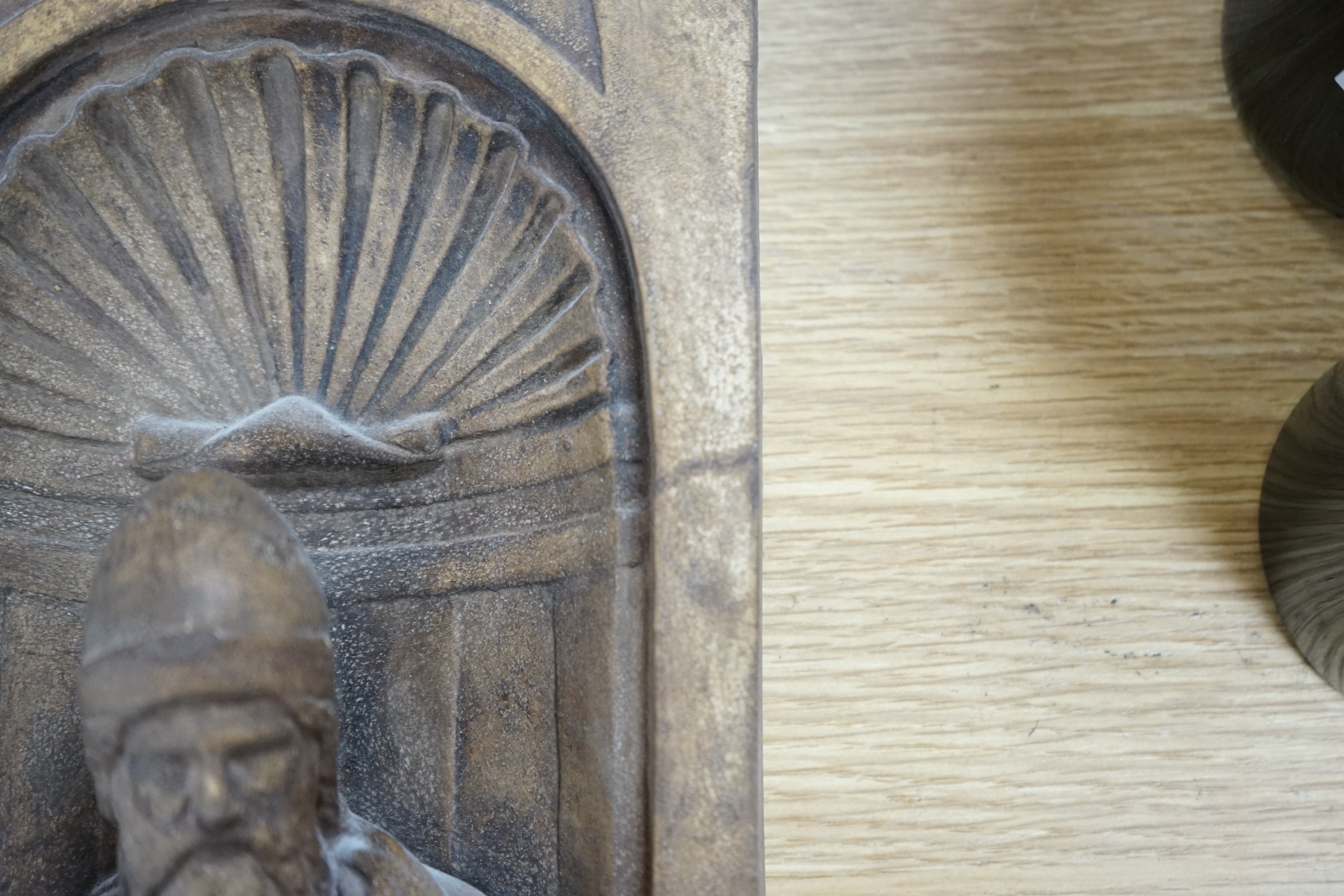 A religious cast plaster figure in niche, numbered 2362. 53cm tall